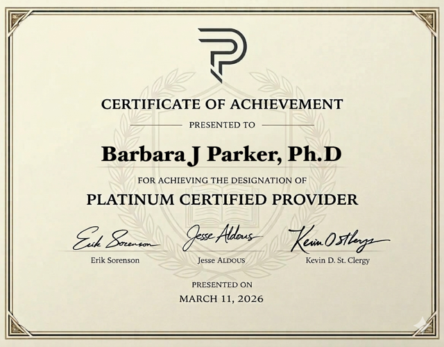 A Certificate of Achievement awarded to Barbara J Parker, Ph.D., recognizing her as a Platinum Certified Provider, signed by Erik Sorenson, Jesse Aldous, and Kevin D. St. Clergy, dated March 11, 2026.