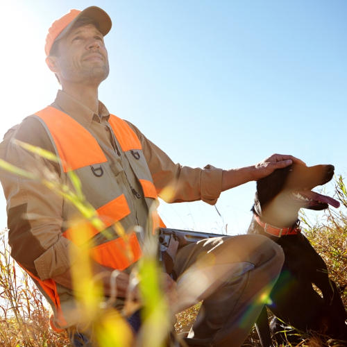 A man wearing an orange safety vest and cap kneels in a field, smiling and petting a black dog with an orange collar. The sun shines brightly, creating lens flare in the image.