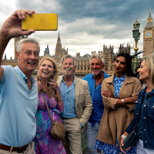 A group of six smiling adults take a selfie together in front of the Palace of Westminster and Big Ben in London on a cloudy day. They appear happy, perhaps celebrating great results from a recent Speech Testing session outdoors.