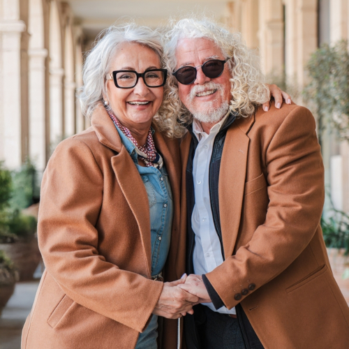 An older couple wearing matching brown coats and glasses smile and embrace each other while standing outdoors in a covered walkway with columns.